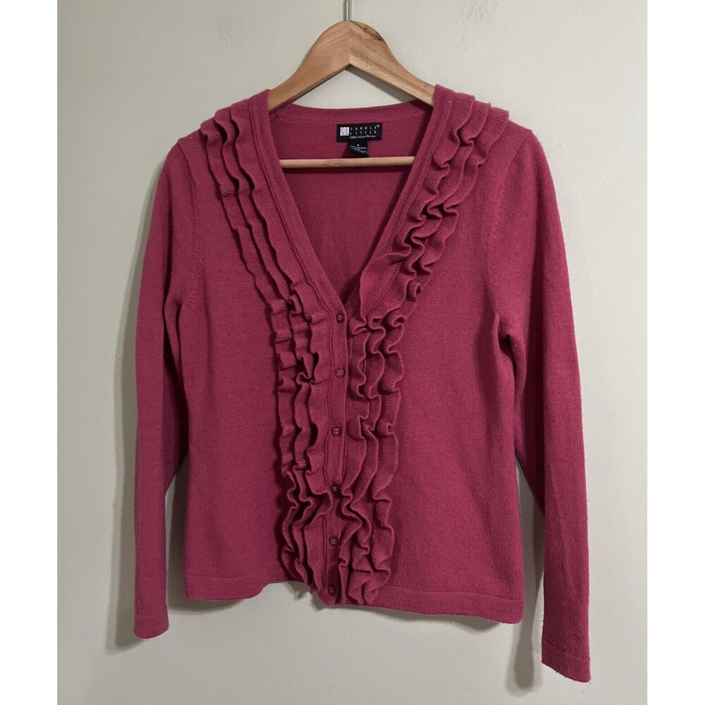 Carole Little 100% Italian merino wool ruffle Front cardigan Size Small